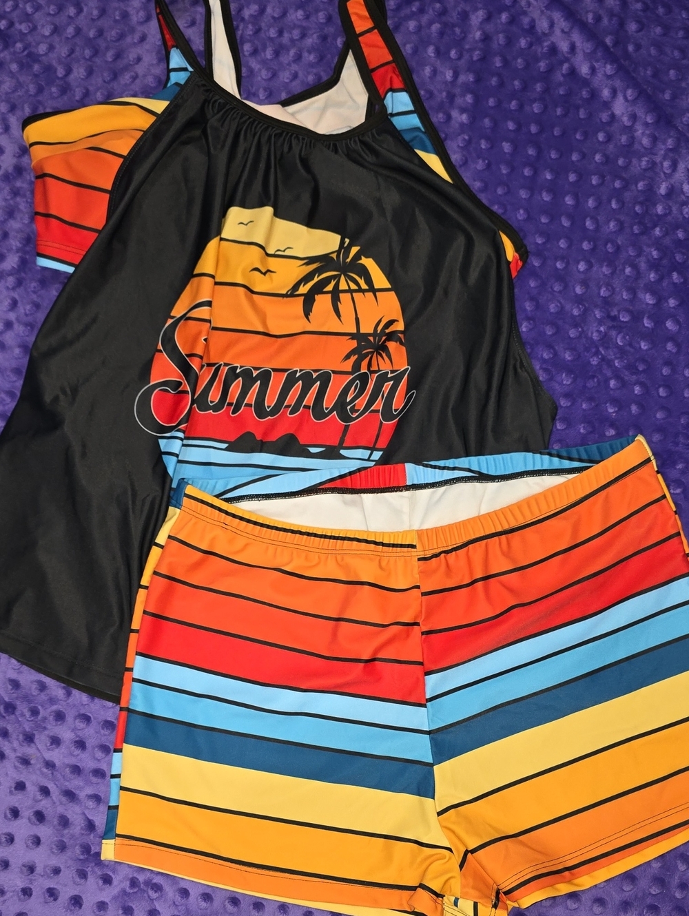 Womens Summer Stripe Tankini Set - Black & Multicolor